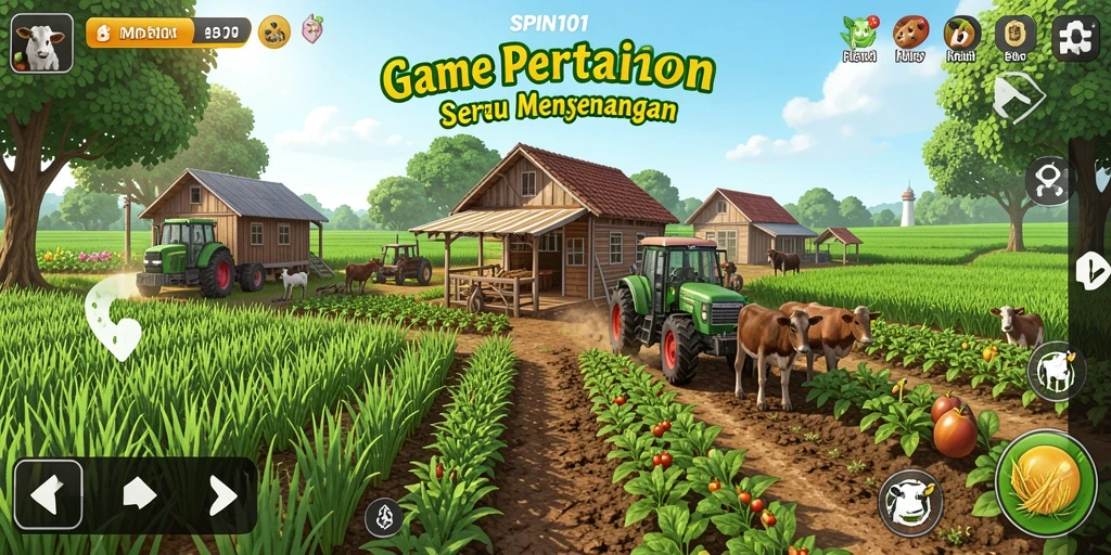 Tampilan gameplay SPIN101 yang menampilkan ladang yang subur dan aktivitas bertani.
