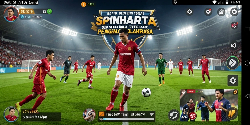 Screenshot gameplay SPINHARTA yang menggambarkan aksi sepak bola yang mendebarkan.